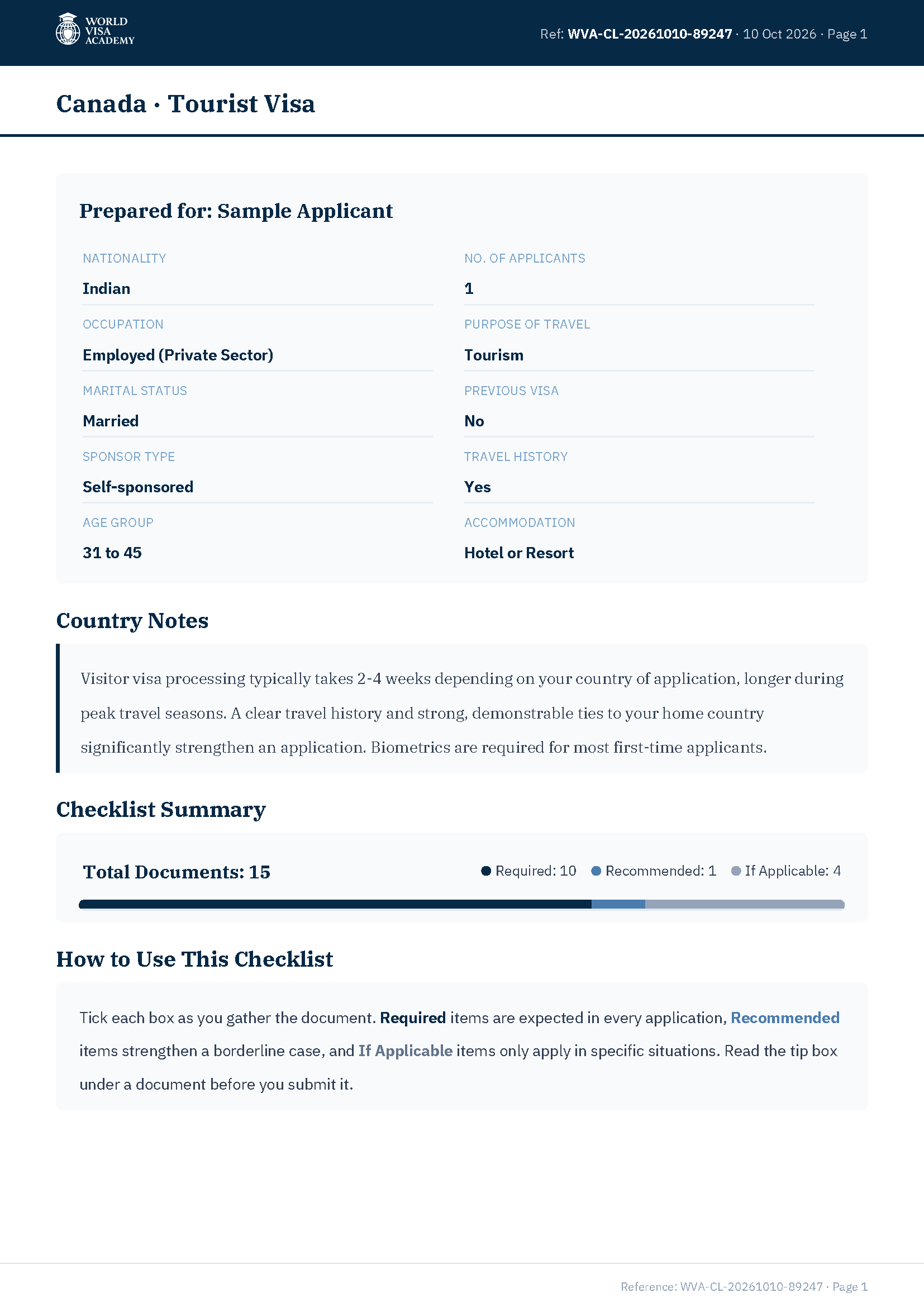 First page of a sample document checklist, showing applicant details and a checklist summary