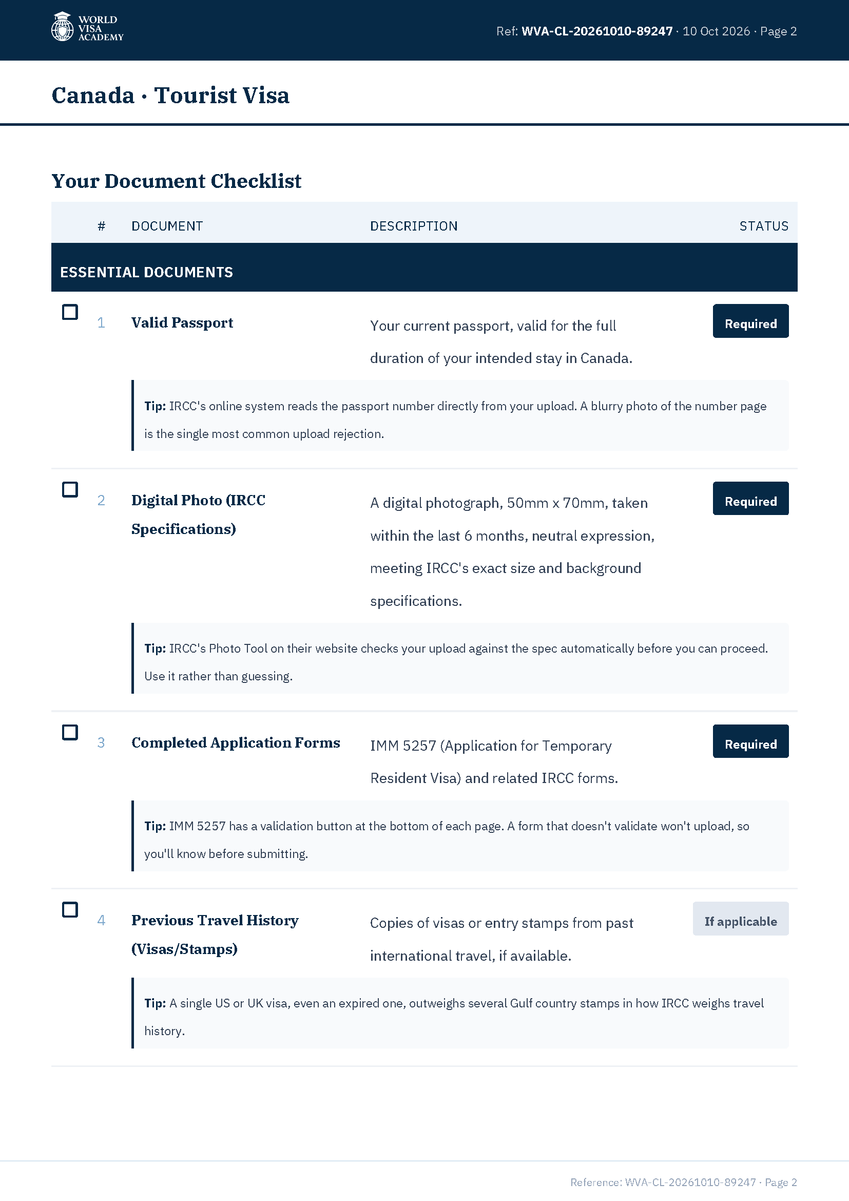 Second page of a sample document checklist, showing the start of the required documents table